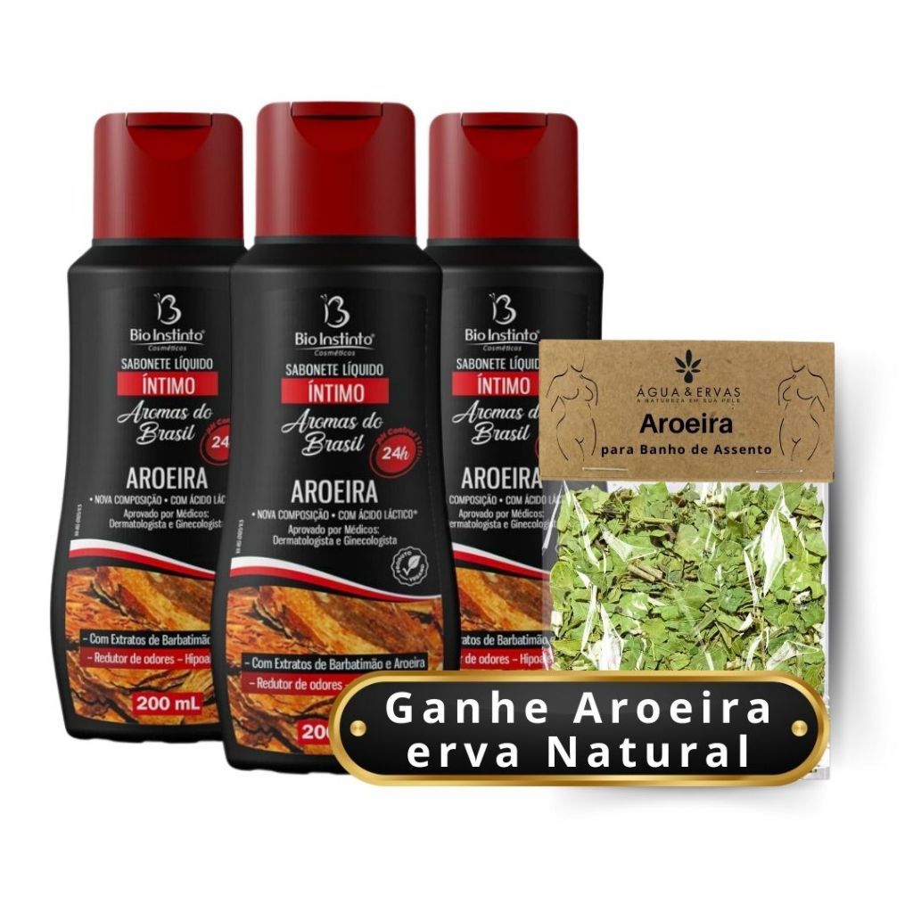 3 Sabonete Íntimo de Aroeira Líquido Feminino Vegano- Ganhe de Brinde um pacote  aroeira para banho de assento