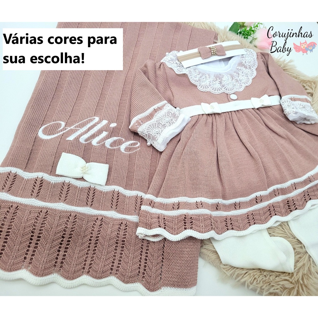 Saída de maternidade em tricô de luxo menina personalizada com o nome do bebê em Oferta na Shopee