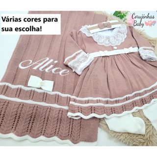 Saída de maternidade em tricô de luxo menina personalizada com o nome do bebê em Oferta na Shopee