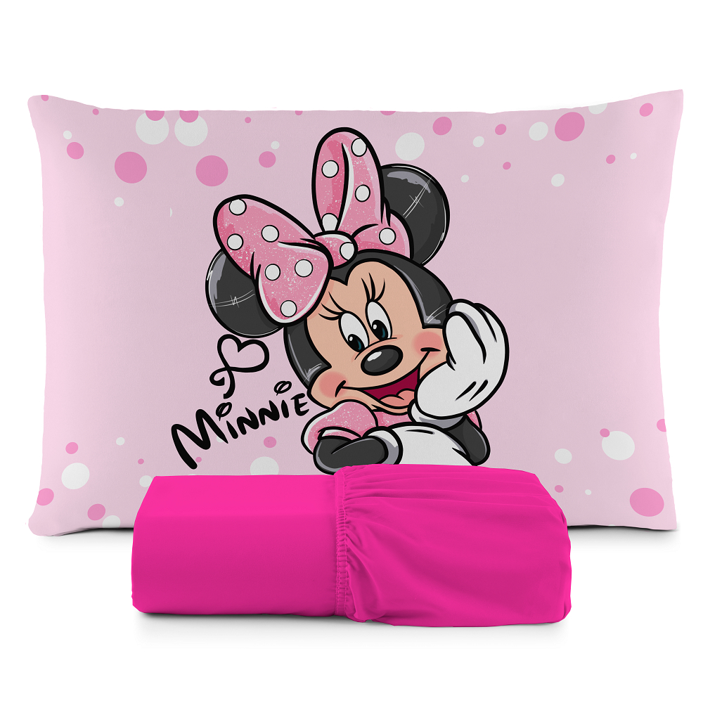 JOGO DE LENÇOL SOLTEIRO INFANTIL MINNIE LAÇO ROSA FRONHA TRAVESSEIRO, LENÇOL DE ELASTICO