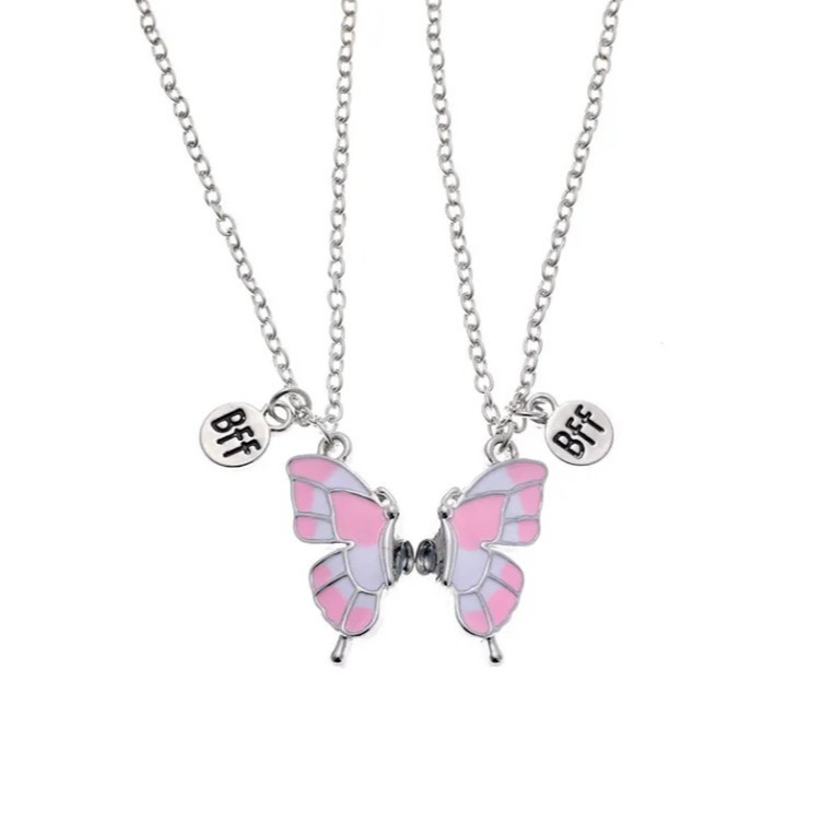 Detalhes do Colar BFF Borboleta Rosa Magnético Metades que se Completam