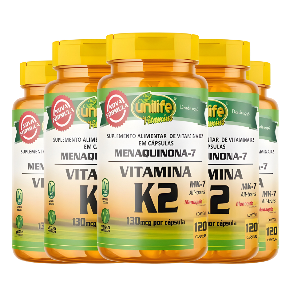 KIT C/5 Vitamina K2 130mcg 120 Cápsulas Vegana - Alto Teor de K2 MK7 Menaquinona - Unilife