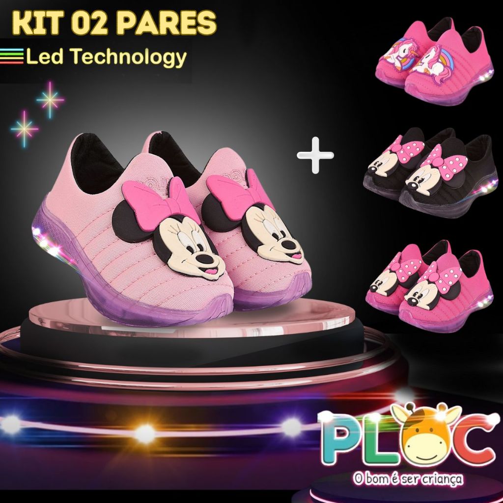 KIT 2 PARES DE TÊNIS LED INFANTIL MENINA L16 ROSA MINNIE + PAR ADICIONAL A SUA ESCOLHA