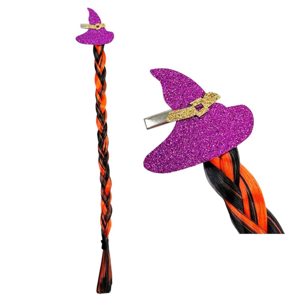 Presilha Halloween Trança com Mecha Preta e Laranja Acessório De Cabelo Bruxinha Chapéu Dia Das Bruxas Fantasia