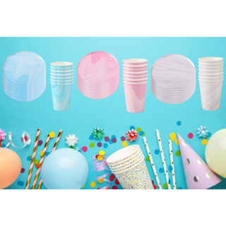 Kit Festa 16 Unidades Descartáveis, Prato e Copo Papel, Candy Colorido Marmorizado Silver Festas em Oferta na Shopee