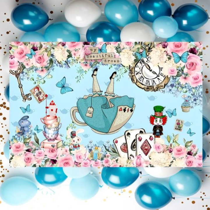 Painel de Festa Antirreflexo Decoração Alice no País das Maravilhas/Chapeleiro Maluco/Rainha/Branca/Lebre/Absolem