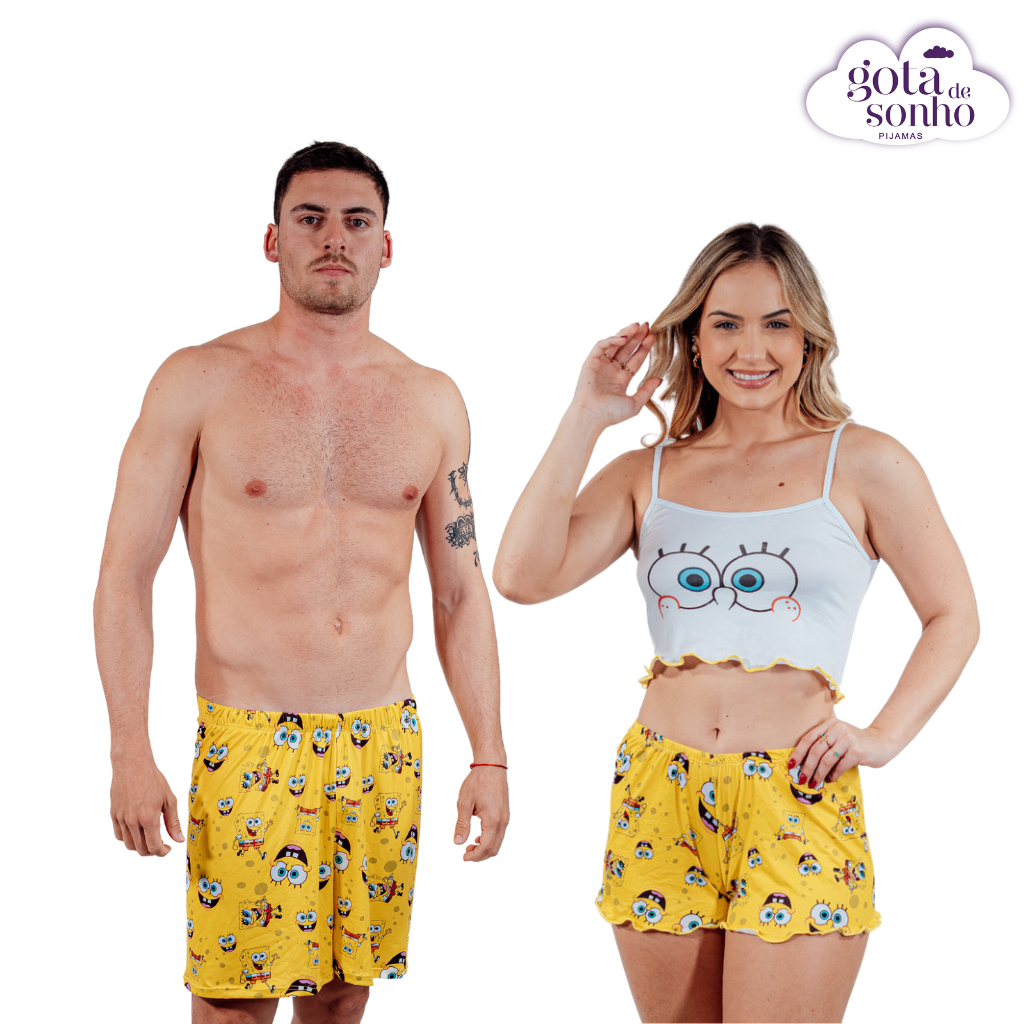 CONJUNTO DE PIJAMA VIRGÍNIA BOB ESPONJA - SHORT DOLL FEMININO E SAMBA CANÇÃO MASCULINO em Oferta na Shopee