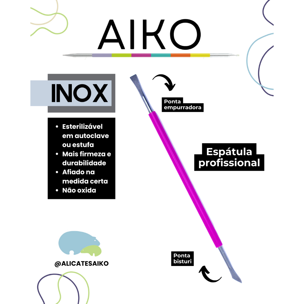 Espátula Dupla Aiko -  inox com Silicone - empurrador de cutícula e bisturi - manicure profissional