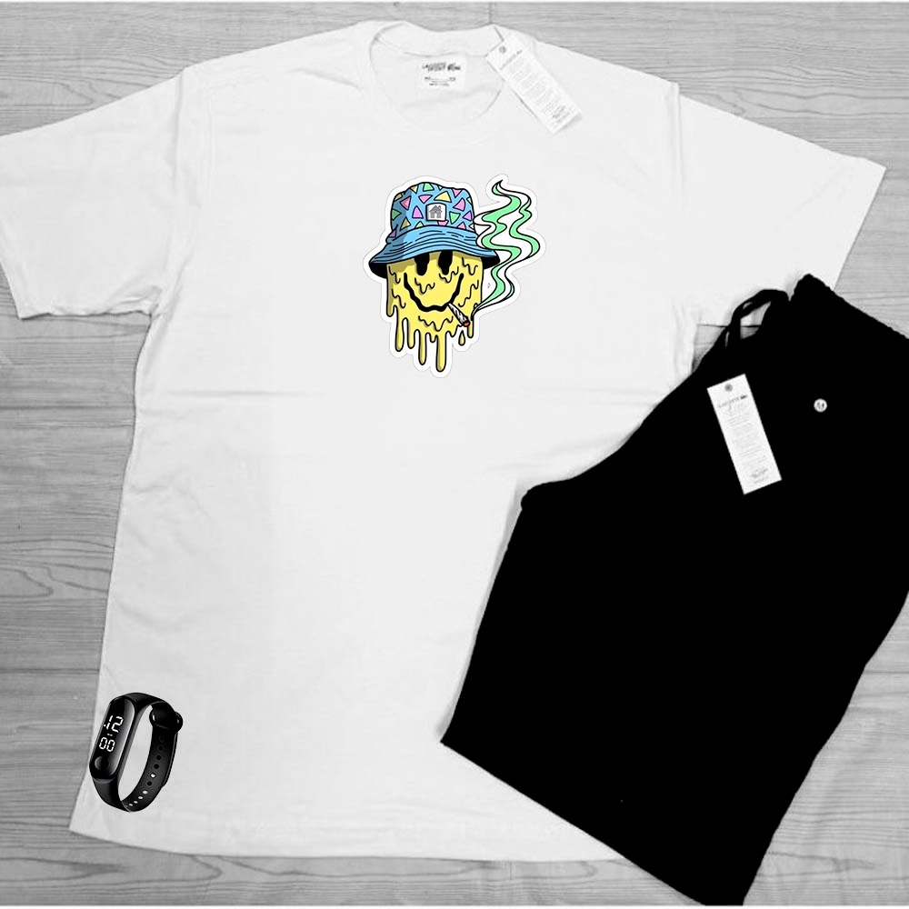 Kit Camisa + Bermuda + Relogio Academia premium leve confortável SMILE TUMBLER MALANDRINHO 100% Algodão