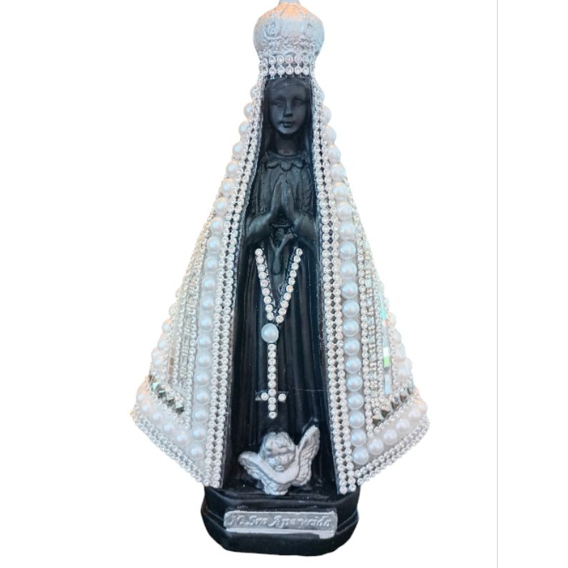 Imagem de Nossa Senhora Aparecida 20cm Pérola Branca com Preto de Gesso Italiana Pedraria e Strass!