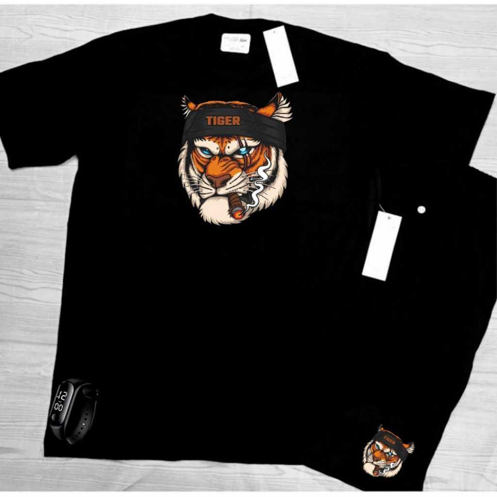 Conjunto kit camiseta algodao premium TIGRE e bermuda tectel estampas top mais RELOGIO DIGITAL Camiseta 100% Algodão