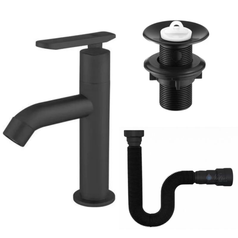 KIT Torneira Pia de Banheiro Preta ABS + Valvula 7/8 + Sifão Preto Universal em Oferta na Shopee