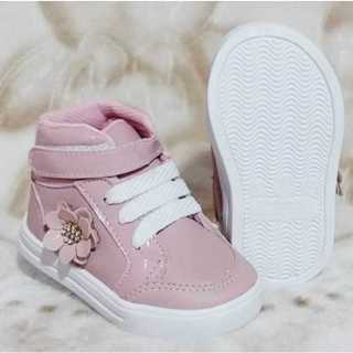Tenis cano alto estilo botinha rosê com flor menina bebê infantil em Oferta na Shopee