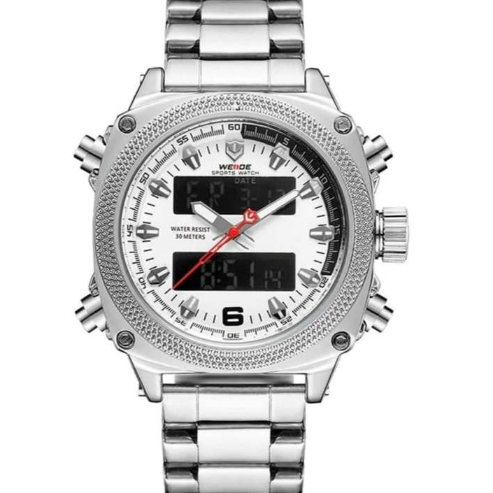 Relógio masculino weide 7302 quadrado multifunção analógico e digital prata branco
