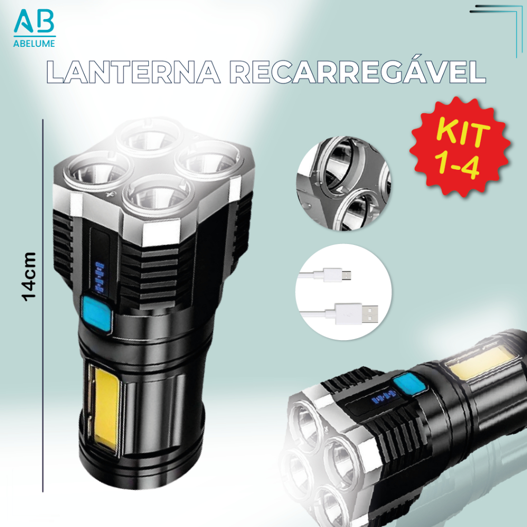 Kit 4 Super Lanterna Led Portátil Recarregável USB Resistente a água com Luz lateral c/ 4 LEDS - Sports & Outdoors