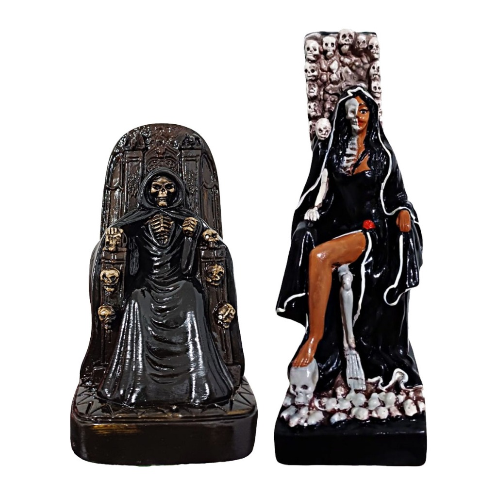 Estatua Imagem Exu Caveira 23cm e Rosa Caveira 30cm no trono em Gesso Umbanda Para Assentamento