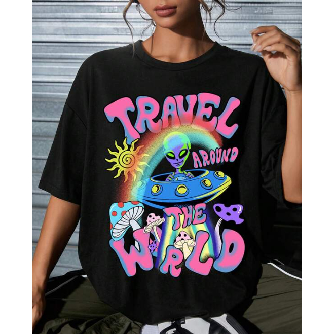 Camiseta Camisa Oversized Feminino Estilo De Rua Travel  Color Alien World Top Confortavel