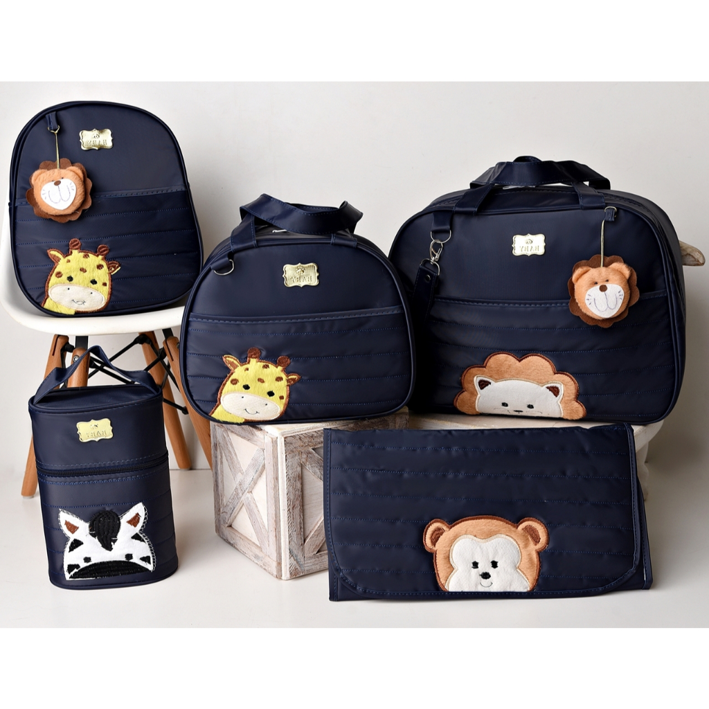Conjunto 5 Peças de Bolsas Para Maternidade Tipo Mala Com Tema Safari Bichinhos