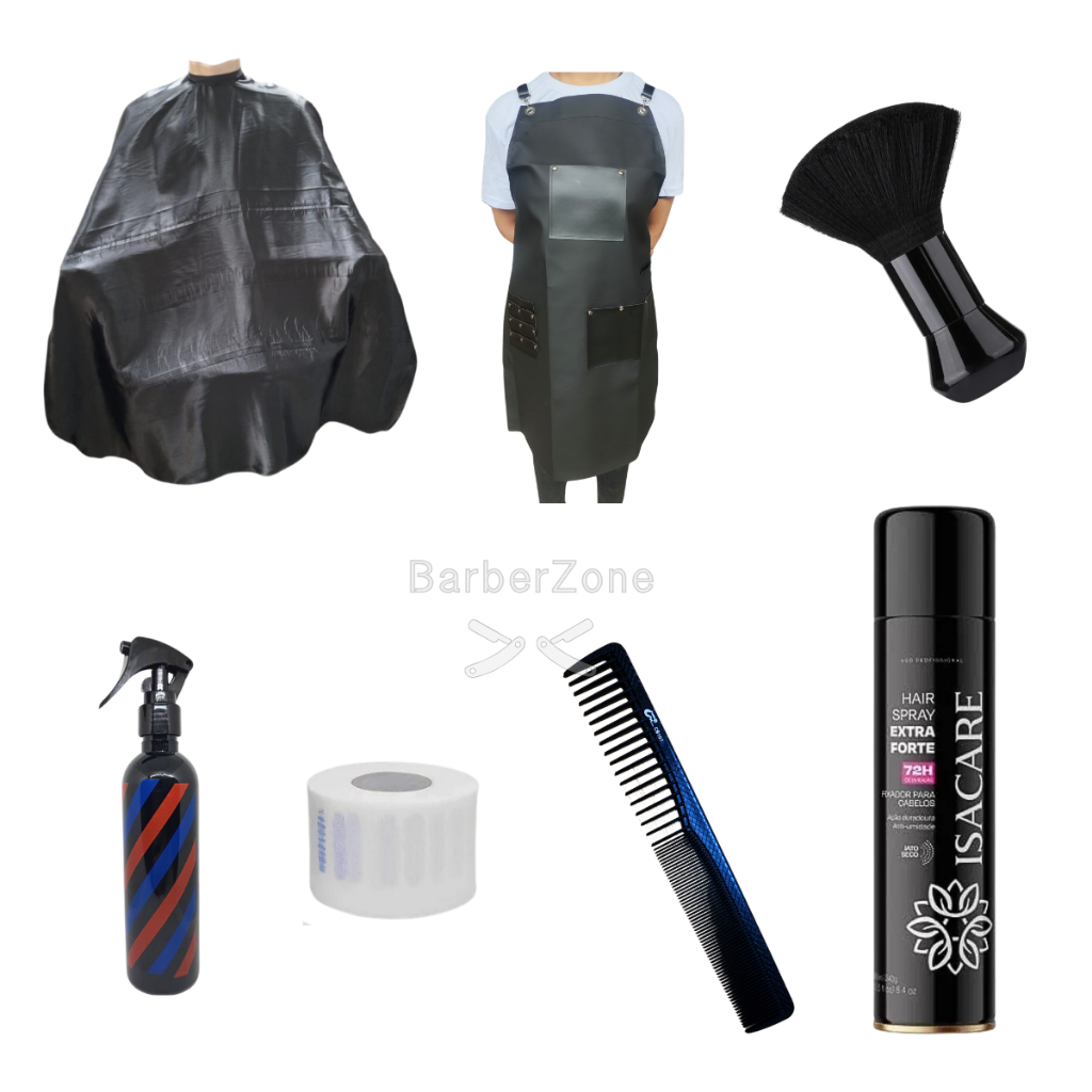 Kit completo barbeiro cabelereiro corte capa avental espanador pente borrifador gola laque