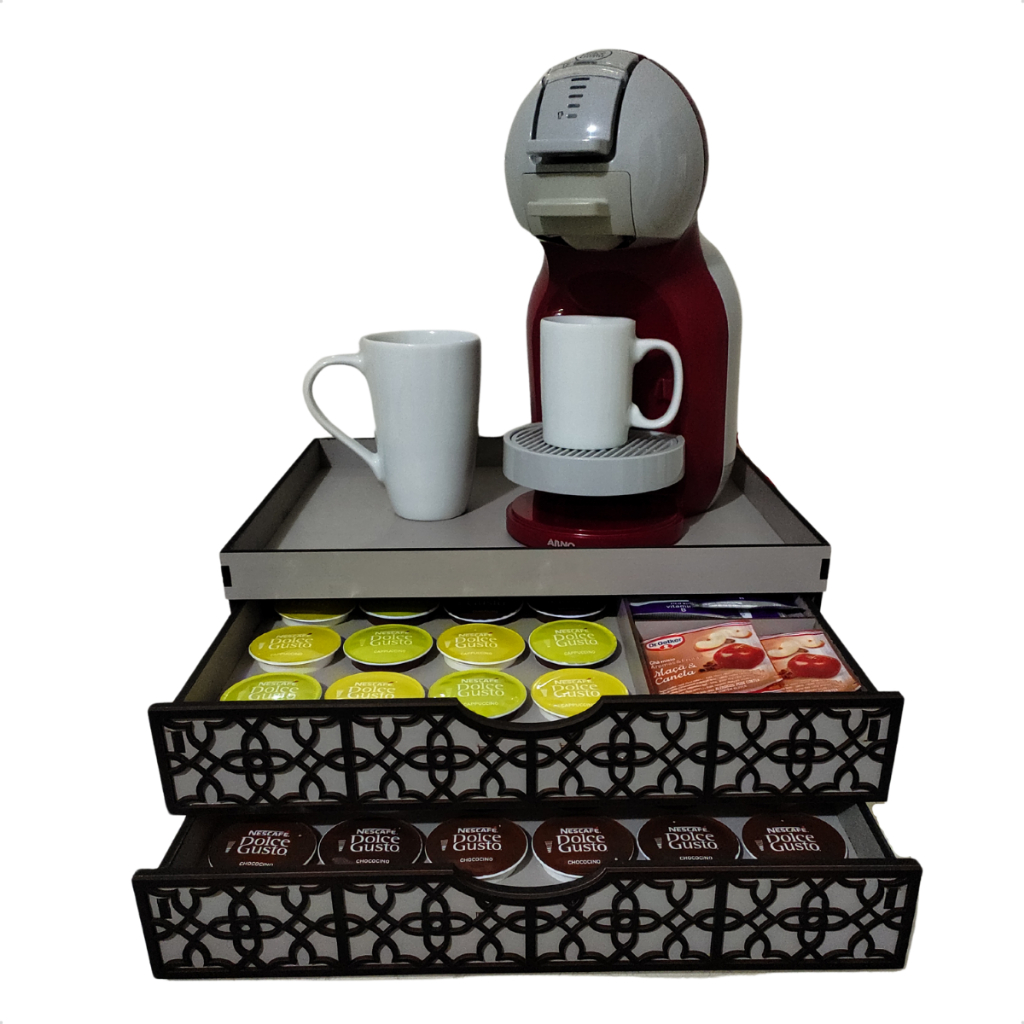 Bandeja Cantinho Do Café Chá Porta-Cápsulas Duas Gavetas Dolce Gusto Cinza MDF Resistente Cafeteira