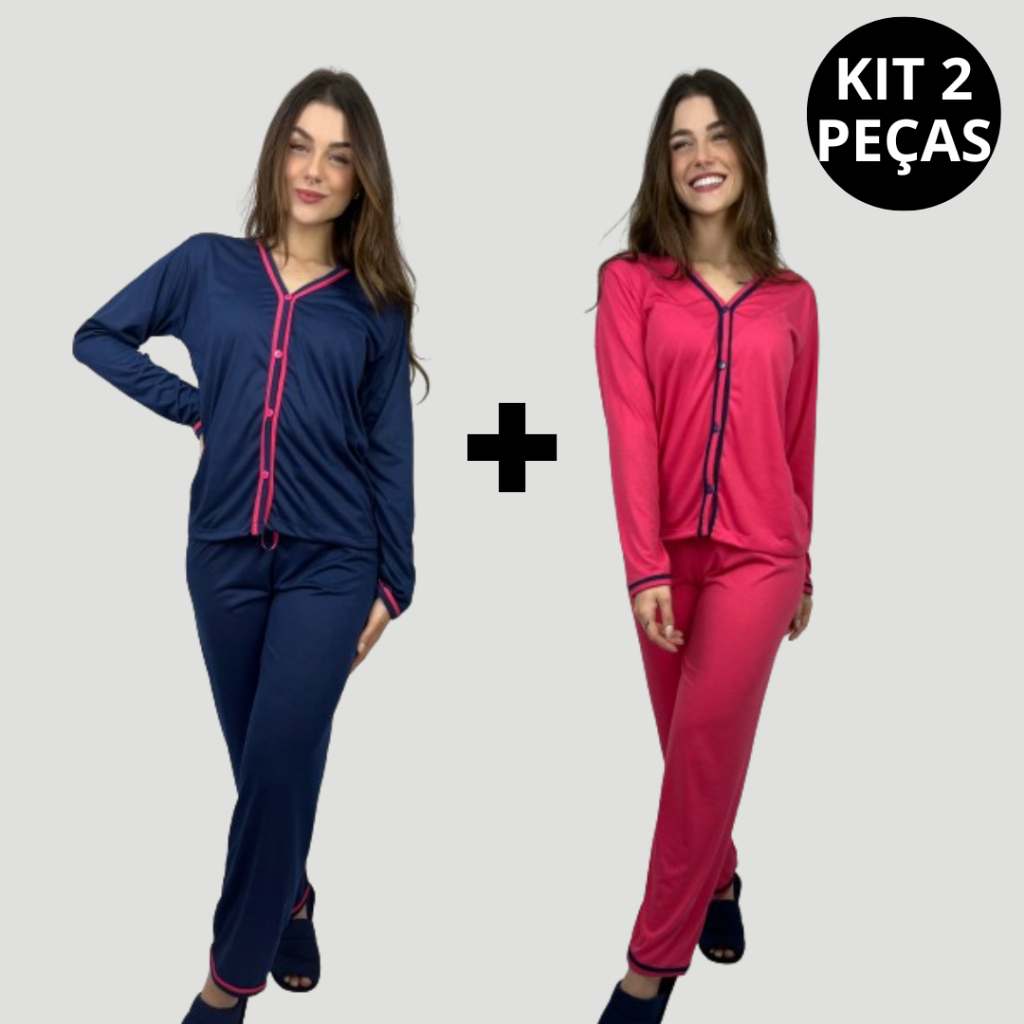 Kit 2 Peças Pijama Longo Inverno Blogueira Malha Botão Amamentação Cirurgico em Oferta na Shopee