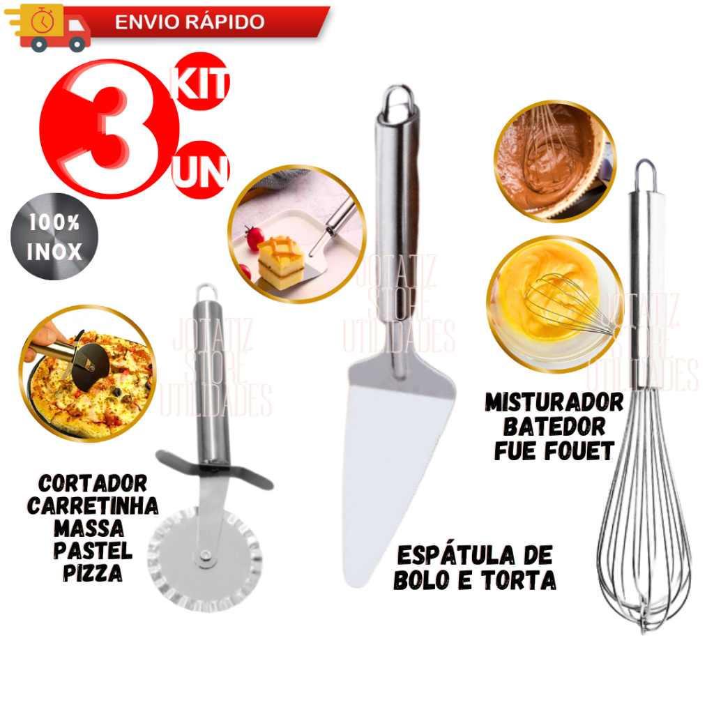 Kit Utensílios De Cozinha 3 Peças Aço Inox Espátula Cortador Carretilha Fue Fouet Para Casa Cozinha Receita