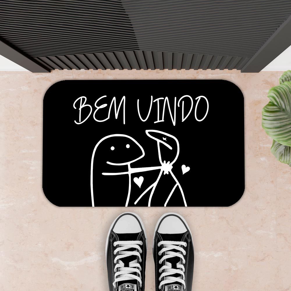Tapete Decorativo Para Porta Antiderrapante Borracha Engraçado  - 34X60  - 2mm  - BEM VINDO FLORK