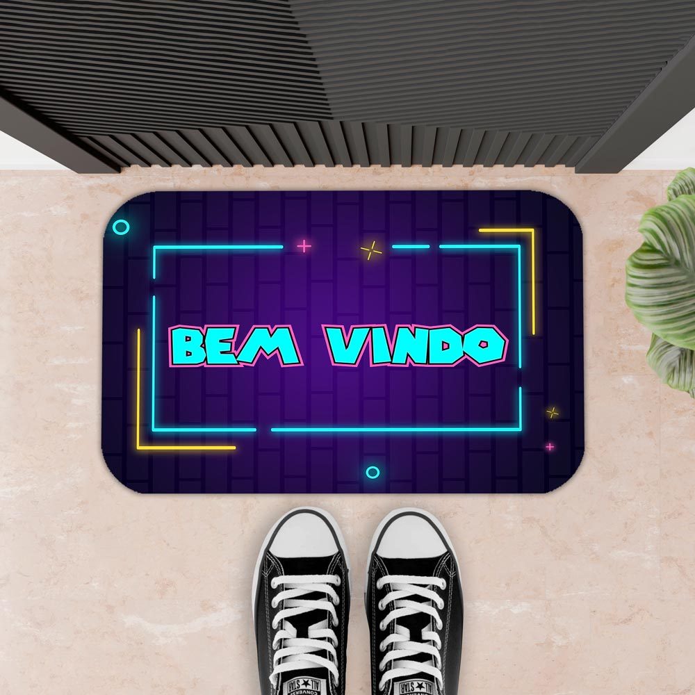 Tapete Para Porta - 34X60  - 2mm  - BEM VINDO NEON ROXO