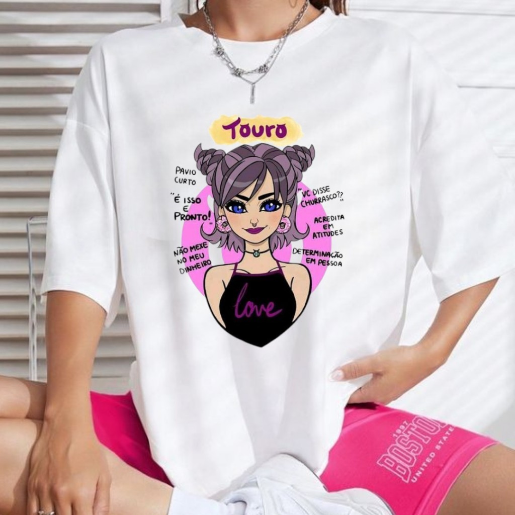 camiseta feminina com estampa do signo de touro manga cura modelo soltinho e confortável