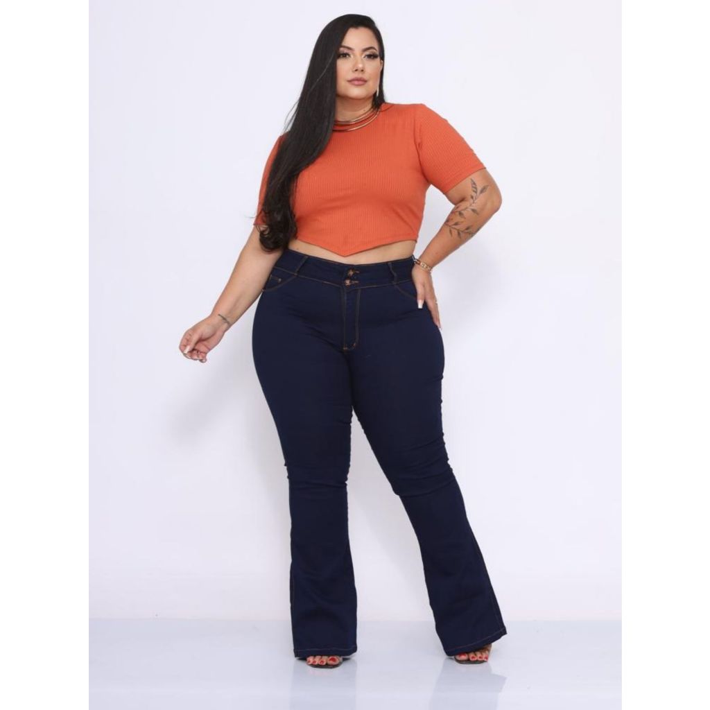 Calça Jeans Feminina Flare Dois Botões Amaciada Cintura Alta