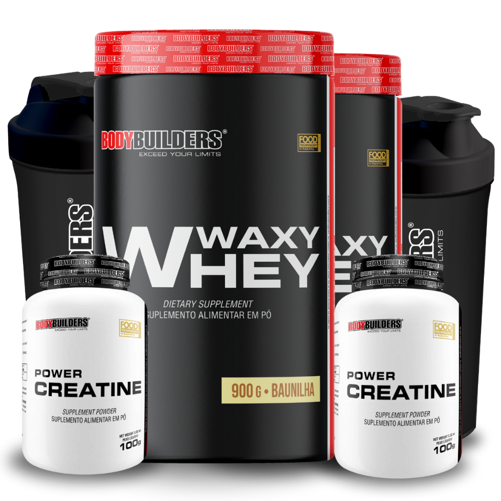 Kit 2x Whey Protein Waxy Whey 900g + 2x Creatina Power 100g + 2x Coqueteleira - Bodybuilders - Health