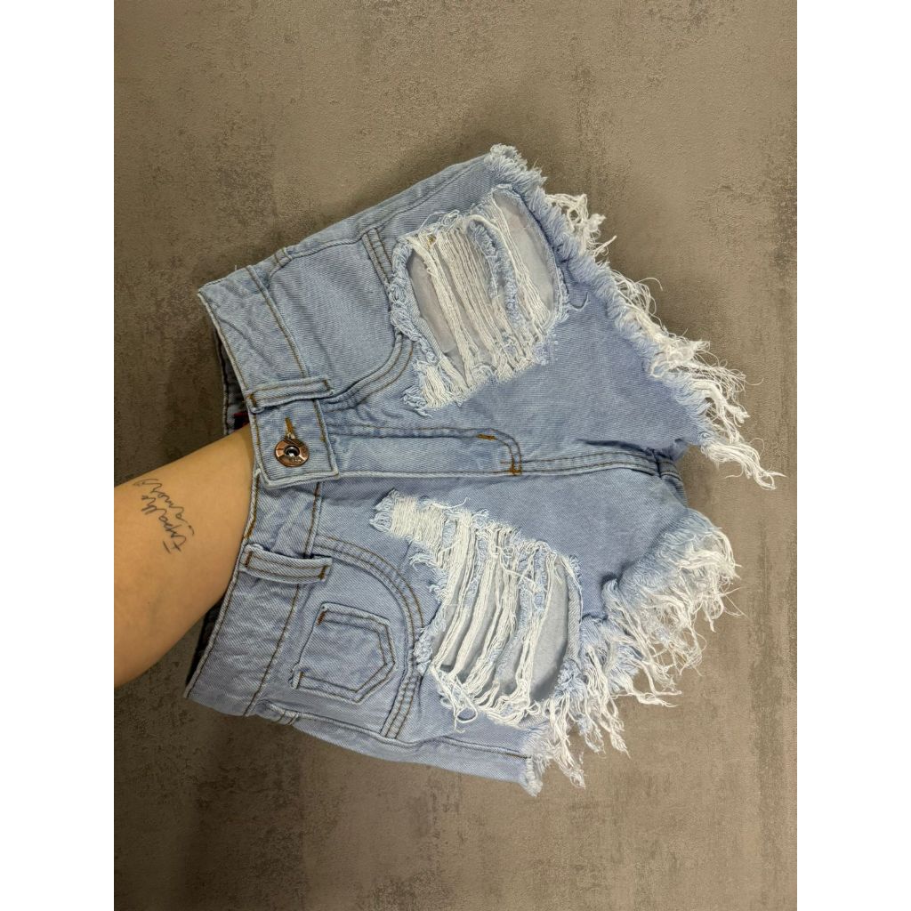 Short Jeans Destroyed cintura alta com forro Casual Lavagem Clara Barra Desfiada | sem elastano moda verão