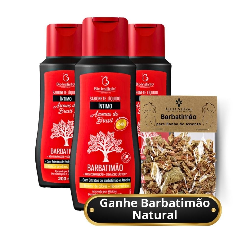 3 Sabonete de Barbatimão Líquido Íntimo Feminino Reduz Odor - Ganhe de Brinde um pacote de barbatimão para banho de assento