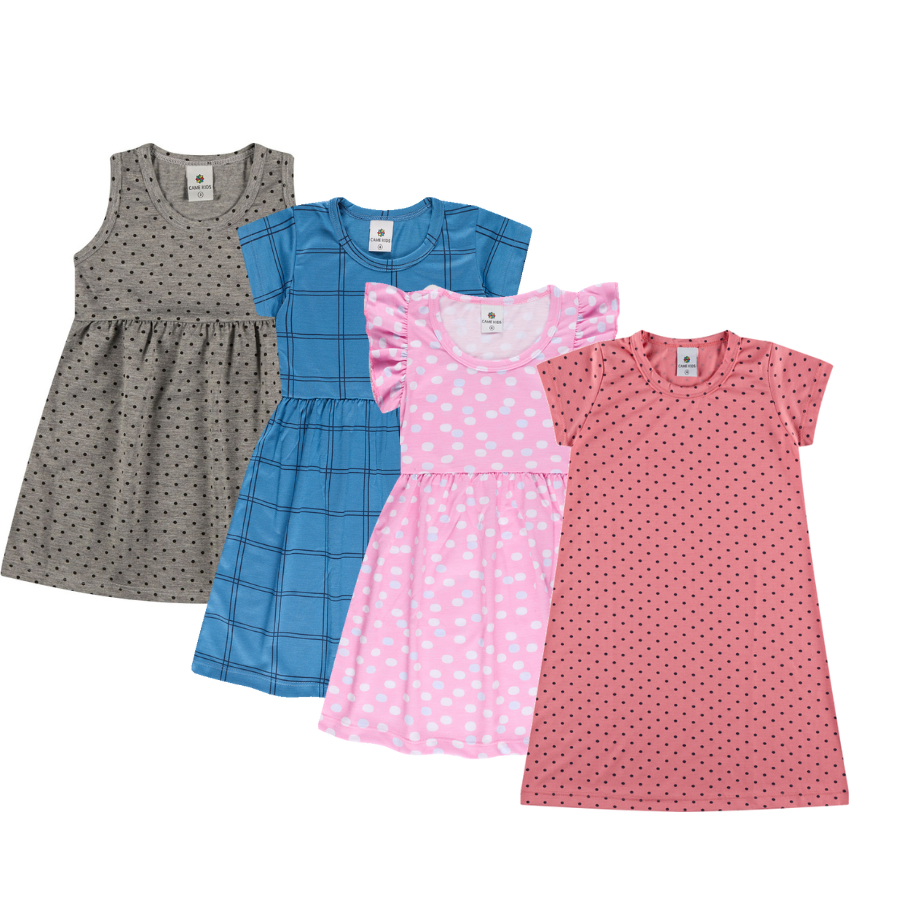 Kit 4 Vestidos sortidos Infantil Feminino Soltinho Verão Roupa de Menina Algodão/Cotton Tamanho 1 a 10 anos
