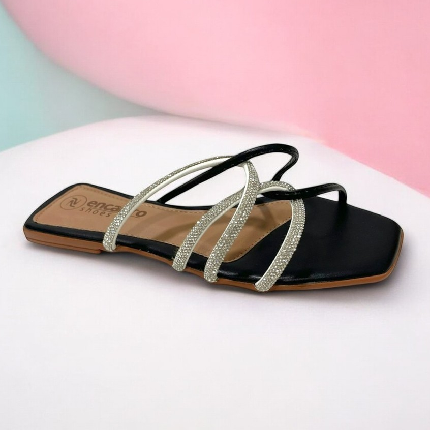 Sandália Feminina Rasteira Casual Tiras Brilho Strass Rasteirinha Leve Encanto Shoes 023