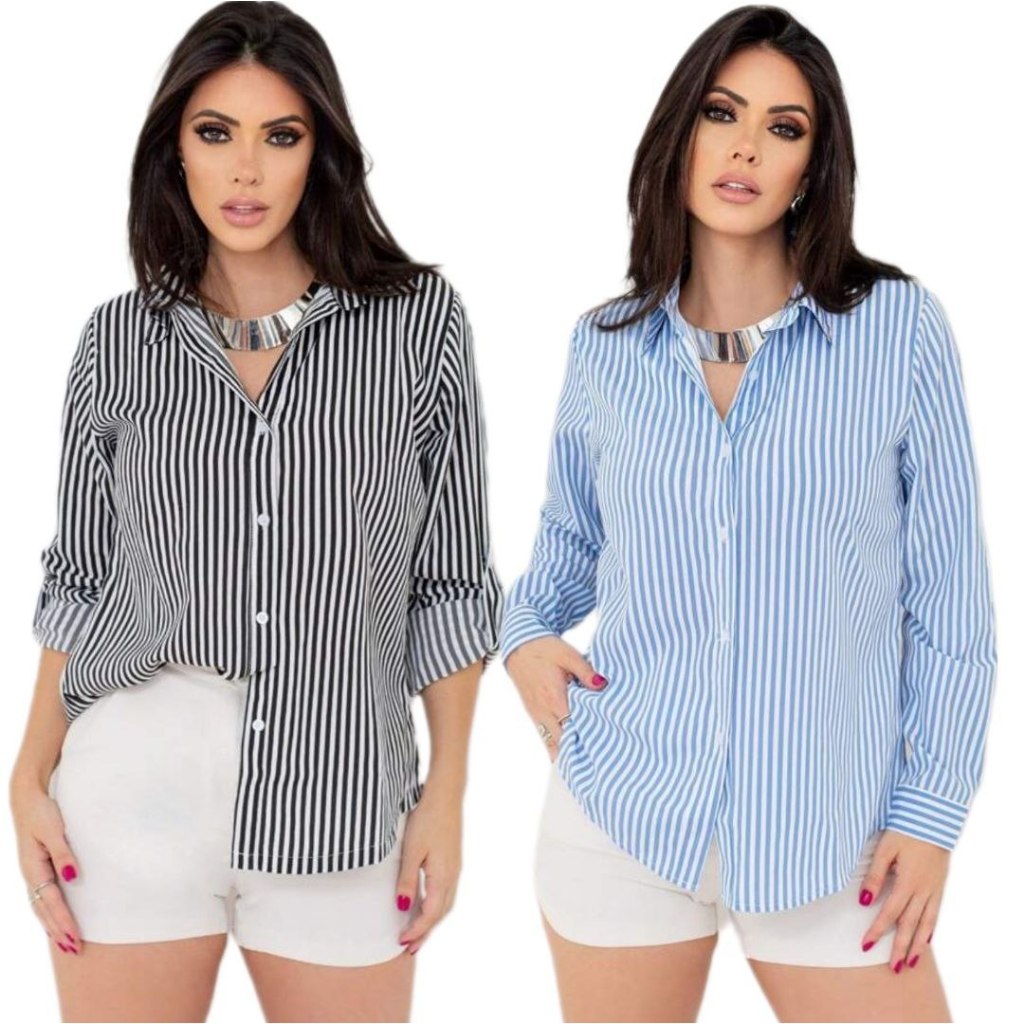 Camisa Social Feminino Listrada Blusa Listras Tendencia em Oferta na Shopee