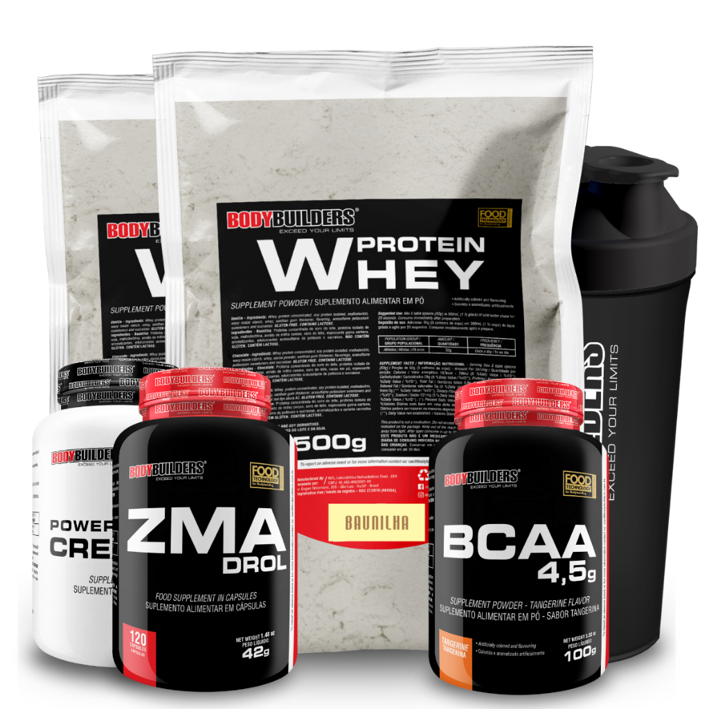 Kit 2x Whey Protein 500g + Creatina 100g + BCAA 100g + ZMA 120 Caps + Coqueteleira - Bodybuilders em Oferta na Shopee