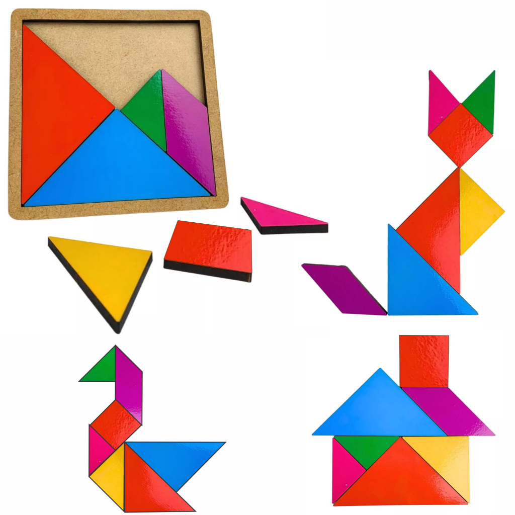 kit 2 tangram jogo educativo brinquedo pedagógico de madeira colorido — imagem 2 de 2