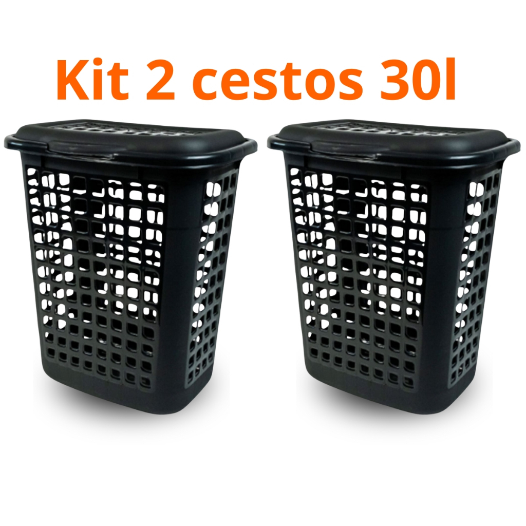 Kit 2 Cestos Telados 30L Preto Multiuso Com Tampa Removível Organização Inteligente
