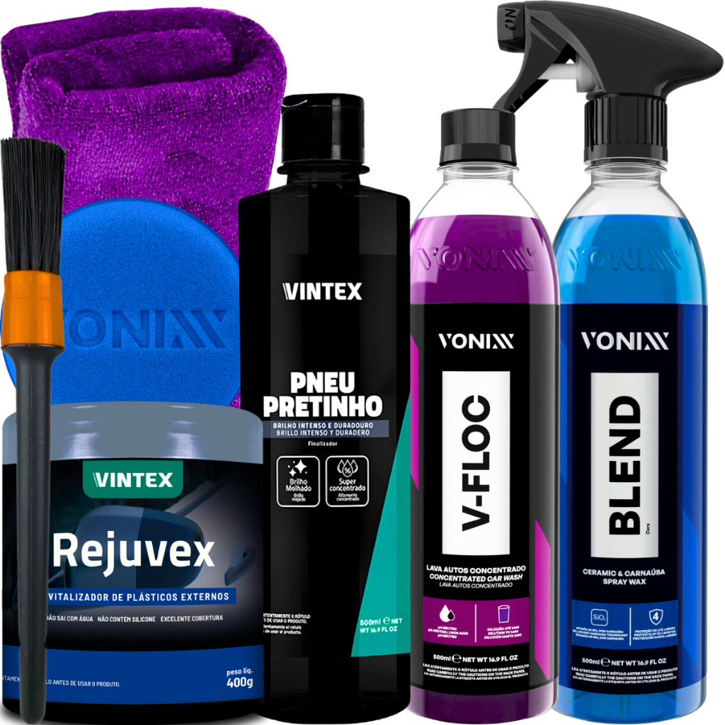 Kit Rejuvex Restaurador V-Floc Shampoo Cera Blend Spray Pneu Pretinho Vonixx