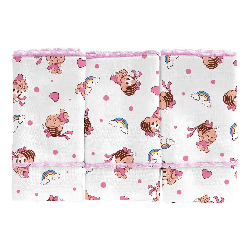 Pano de Boca Bebe Estampas Monica e Cebolinha 100% Algodão Pacote com 3 Unidades