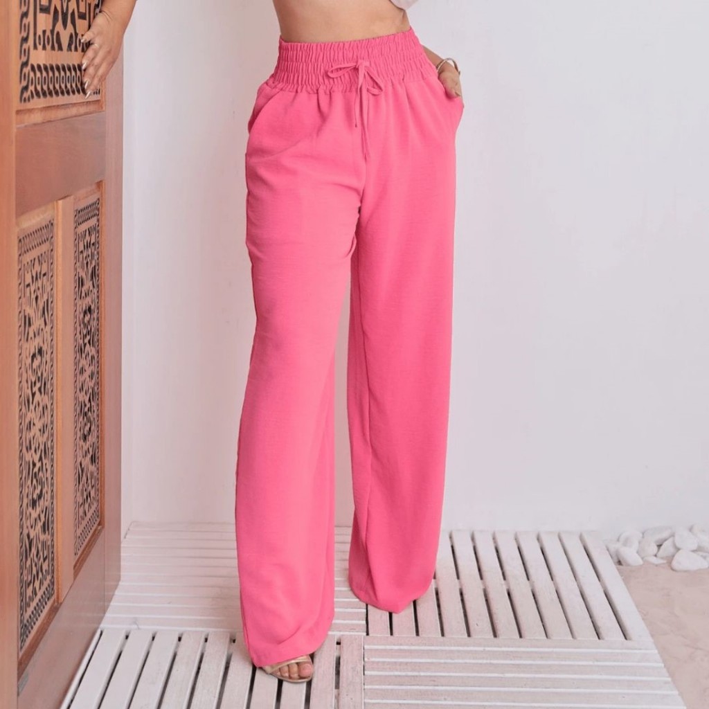 Calça Pantalona Feminina Com Bolso Cintura Alta