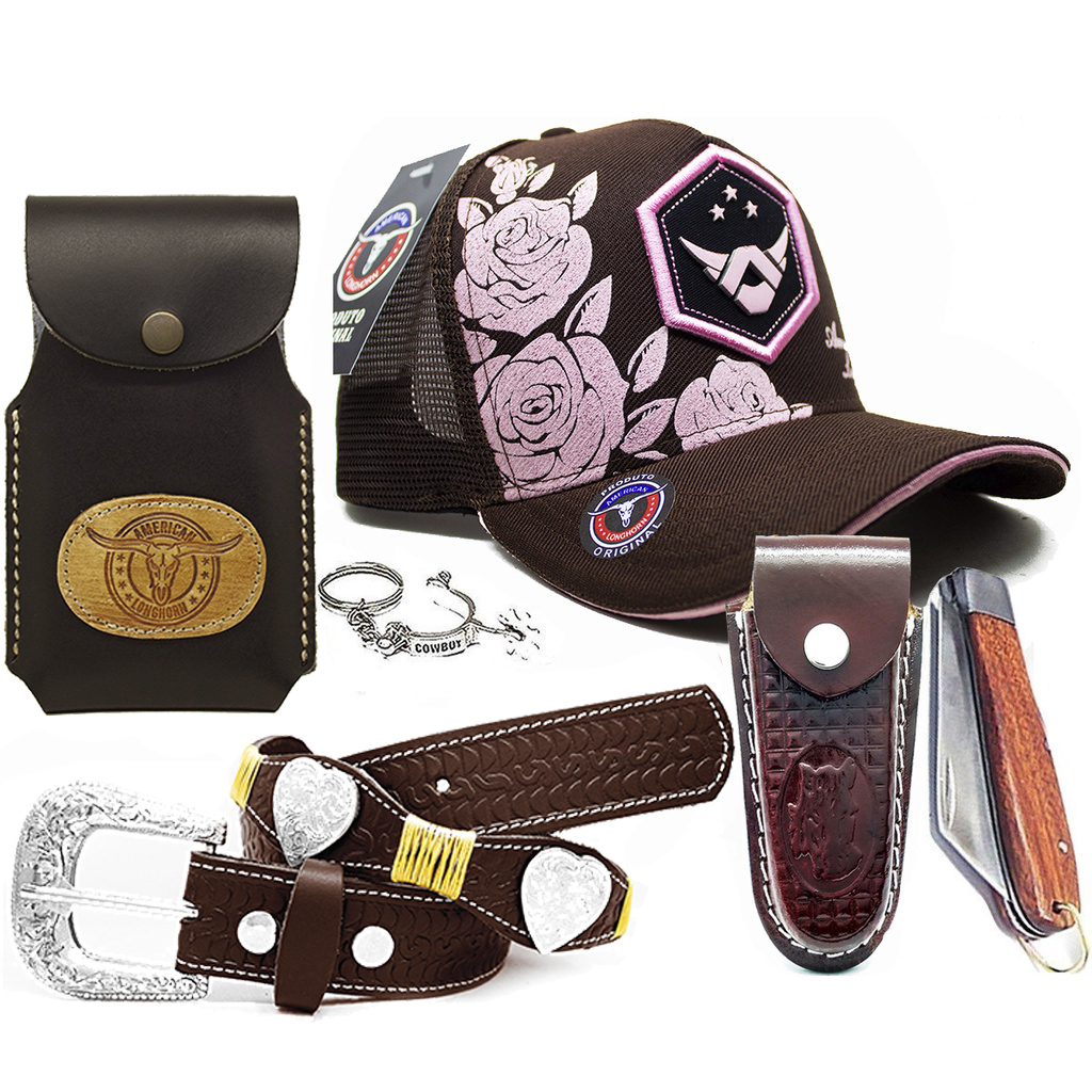 Kit Country Bone Floral American + Capa Celular + Cinto + Bainha E Canivete