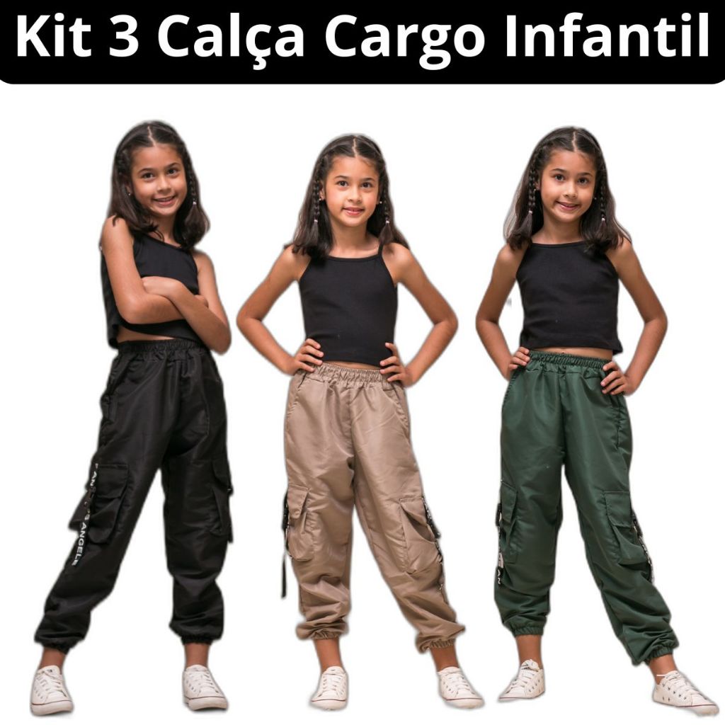 Kit 3 Calça Jogger Infantil Menina Cargo Com Bolso tamanho 10 12 14 em Oferta na Shopee