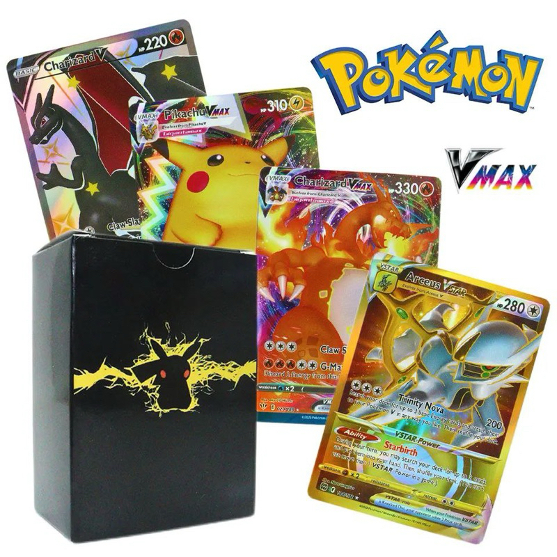 Kit 100 Pcs Cartas Pokémon BRILHANTE Carta Pokémon VMAX Português em Oferta na Shopee