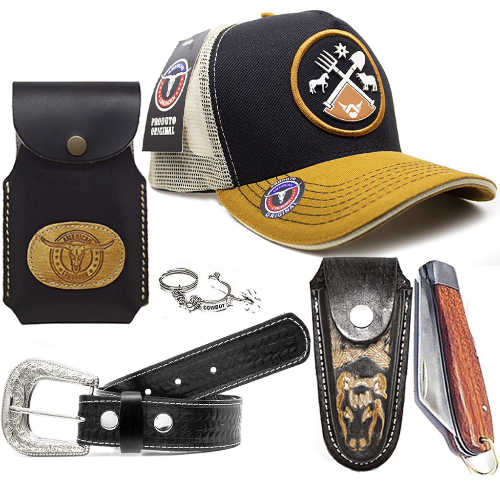 Combo Cinto Couro Bone Adulto Capinha Farm Bainha E Canivete CV
