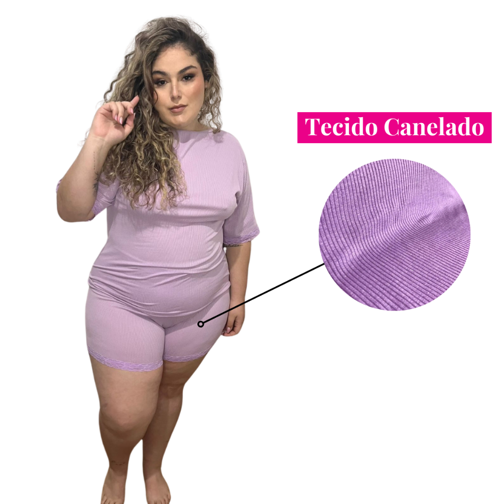 Pijama PLUS SIZE Canelado Rendado Feminino Curto – Baby Doll Luxo Roupa de Dormir Renda Feminina para Adulto Conjunto Shortdoll Malha Confor
