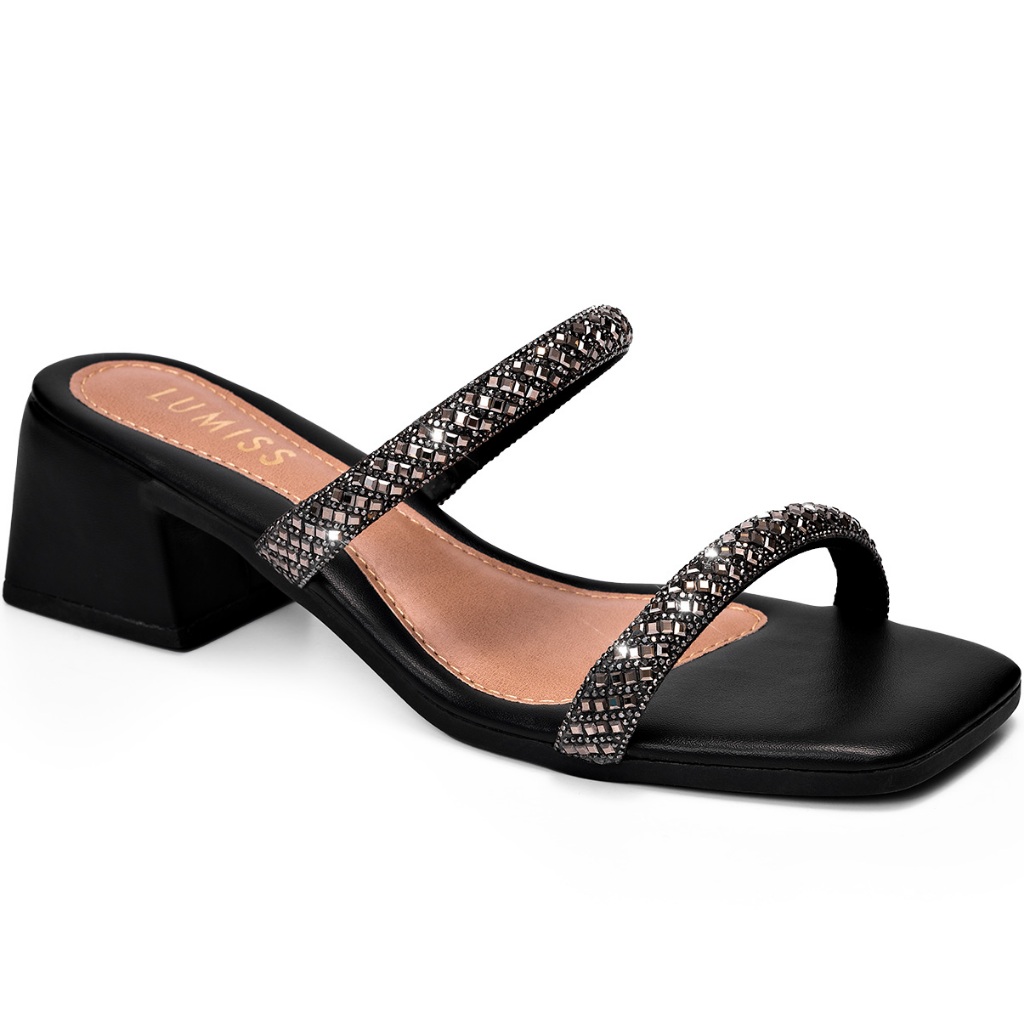 Sandália Feminina Lumiss Salto Baixo Bloco Confortável Brilho Strass em Oferta na Shopee