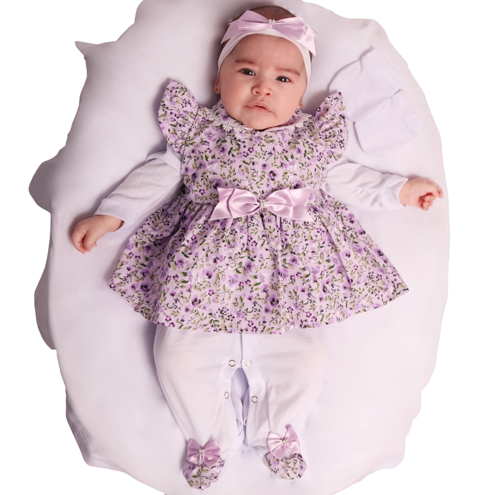 Saída de Maternidade Menina Bela Delicada Floral Lilás 04 Peças