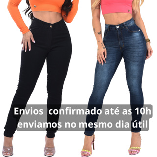 Kit 2 Calças Jeans Feminina Cintura Alta Lycra  Elastano Premium Cós Alto Modelagem Levanta Bumbum em Oferta na Shopee